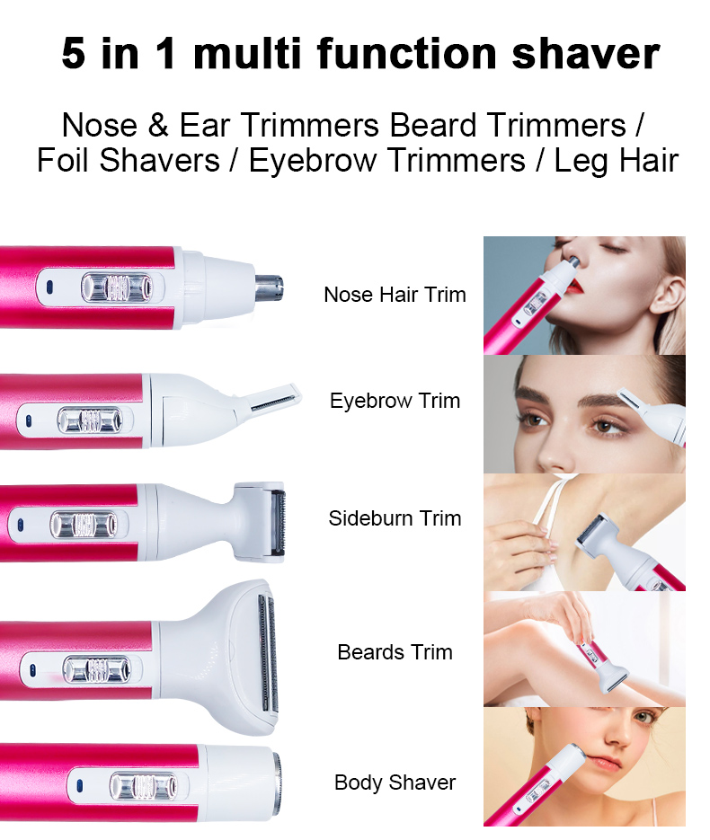 Rechargeable 5 in 1 Lady Razor Facial Nose Eyebrows Body Hair Trimmer XD-3011