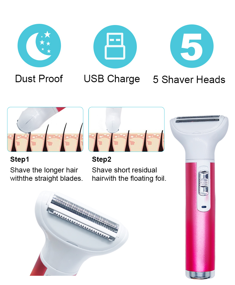Rechargeable 5 in 1 Lady Razor Facial Nose Eyebrows Body Hair Trimmer XD-3011