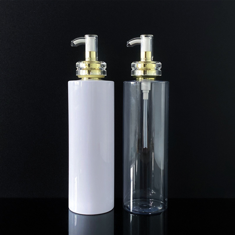 Transparent white flat - shouldered cosmetic lotion and toner dispensing bottles with press pumps Transparent white flat - shouldered cosmetic lotion and toner dispensing bottles with press pumps