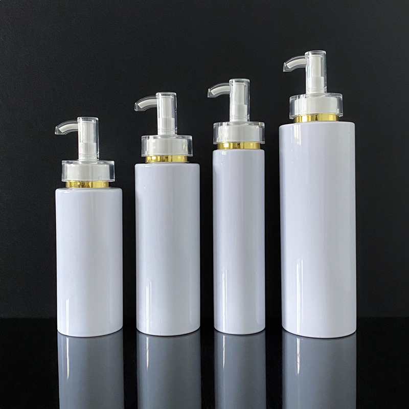 Transparent white flat - shouldered cosmetic lotion and toner dispensing bottles with press pumps