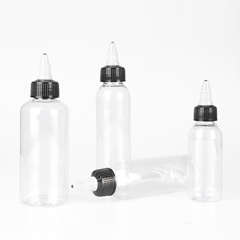 Wholesale 50ml 100ml 120ml and 150ml transparent PET bottles with pointed nozzle caps