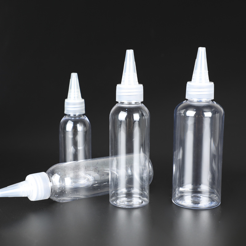 Wholesale 50ml 100ml 120ml and 150ml transparent PET bottles with pointed nozzle caps