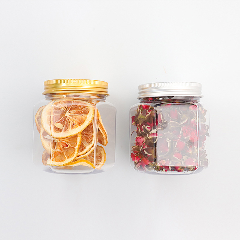 200ml and 420ml PET Transparent Plastic Hexagonal Bottles with Black Lids for Candies Dried Goods 