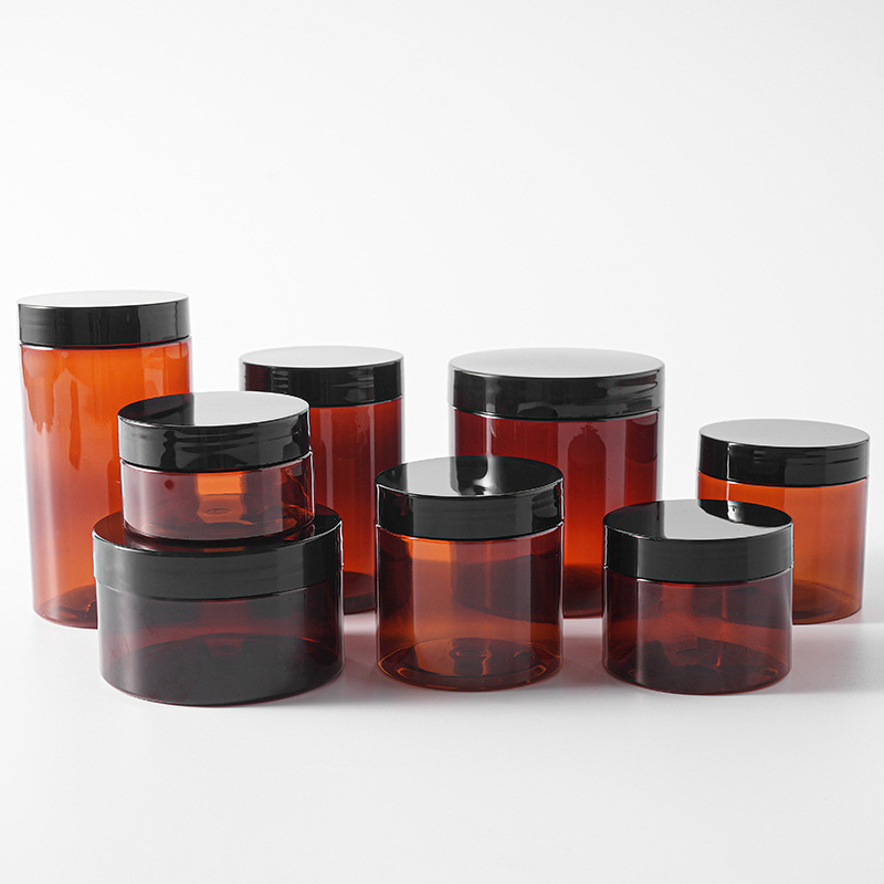 68mm opening amber brown PET jar 50ml 100ml with black lid Tawny Plastic PET Cream Bottles