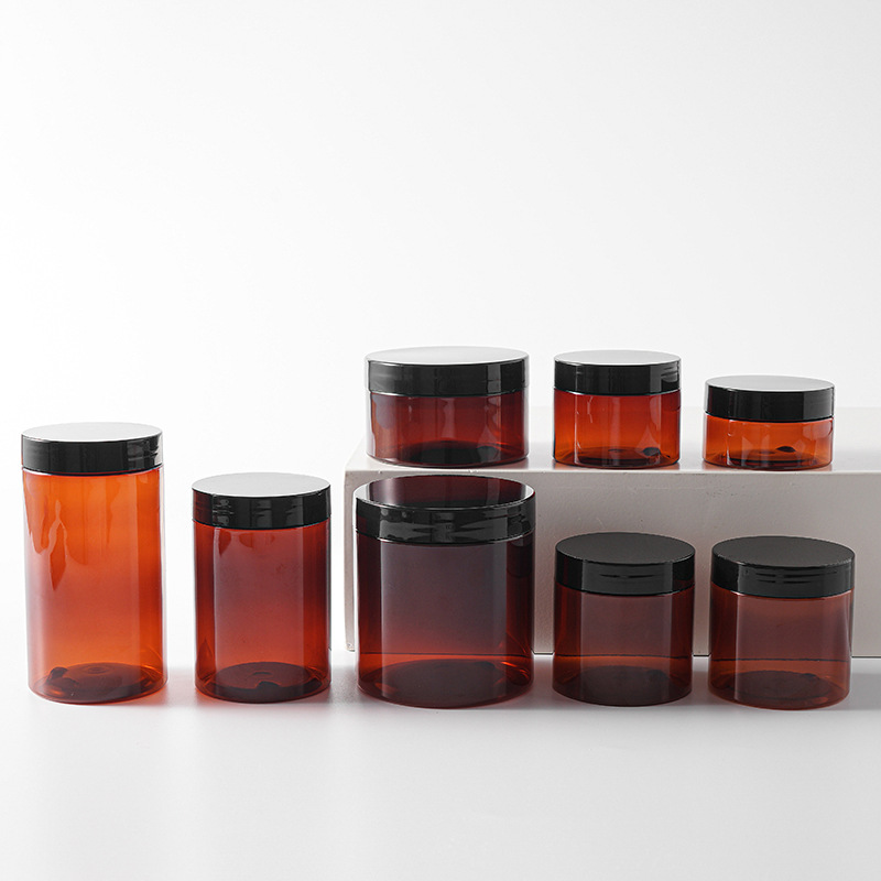 68mm opening amber brown PET jar 50ml 100ml with black lid Tawny Plastic PET Cream Bottles