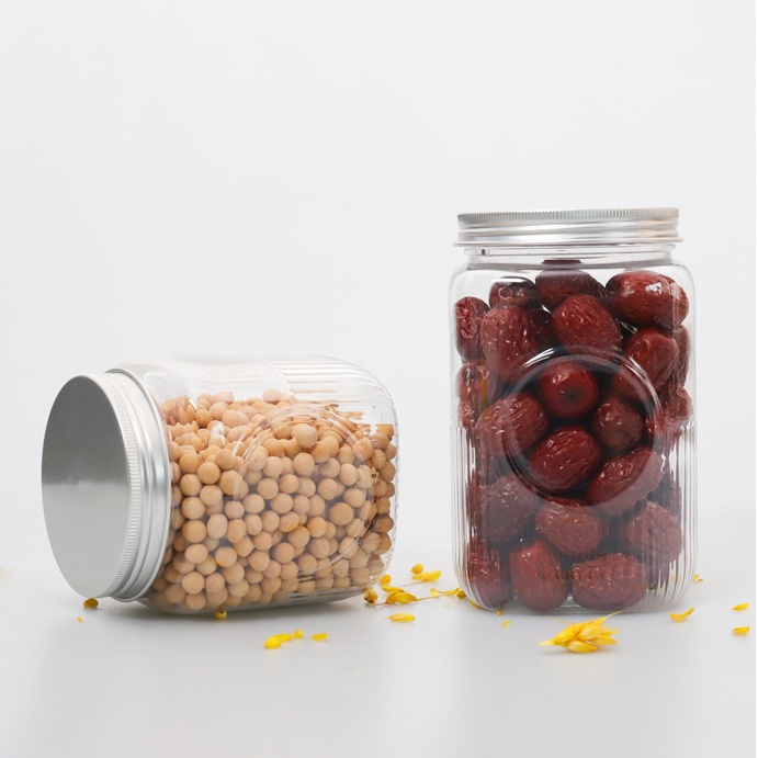 72mm opening plastic PET clear square jar with black lid 450ml 650ml for food
