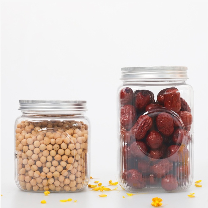 72mm opening plastic PET clear square jar with black lid 450ml 650ml for food